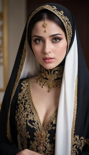 a woman dressed in a traditional Islamic outfit, adorned with a black hijab and a black abaya. The woman's dress is adorned with gold embroidery, adding a touch of luxury to her outfit. The backdrop is a stark white wall, creating a stark contrast to the woman's outfit. Face Detail, Enhanced Beauty, unhappy, Realistic Model, Angry Face, Hot Body, Sexy Body, Man, Attractive, Handsome Boy, Enhanced all details, Extremely Beautiful, Gorgeous, Pretty Face, Attractive Figure, Mystical Beauty, Sexy Anime Girl, Hot Anime, Hot body, Attractive Body