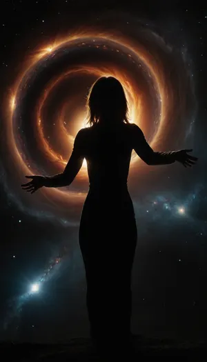 in deep space female silhouette holding supermassive black hole in her hands, accretion Dick, galaxies on background, focus on black hole, <lora:Aether_Ghost_v1.1_LoRA:.8>