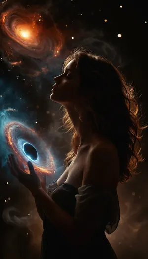 in deep space smoke female silhouette holding supermassive black hole in her hands, Gargantua black hole with accretion disk, wind-swept hair, galaxies on background, handslora, grgnt, smokeart, smoke, <lora:590198_training_data:.8>, <lora:interstellar_blackhole:.8>, <lora:Smoke_Art:.8>, <lora:MJ52:.8>
