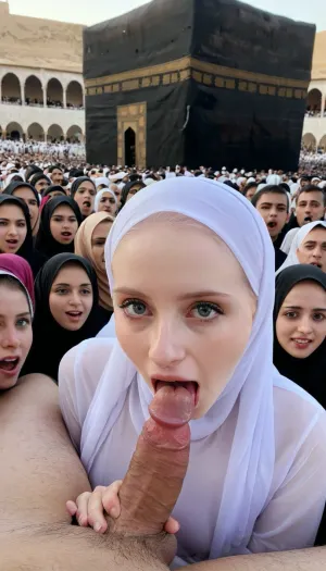 8k, 18 years old, high resolution, wearing transparent hijab, ultra-detailed, pale skin, orgasm face, detailed dick, in front of kaaba, crowd of people