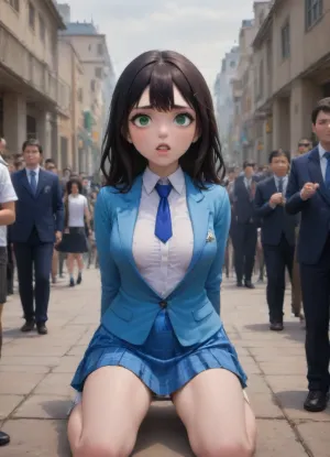 cute anime schoolgirl, (slightly wavy long black hair, large green eyes, cherry-red lips, slightly asian slavic face, very cute, (highly detailed hair, highly detailed eyes), pale skin, sporty, supermodel lookalike, (torpedo tits, medium pointed breasts:1.3), (conical breasts protrude forward really hard), smooth knees, long slender legs), (highly detailed hair, highly detailed eyes), (anime drawing:1.6), (artwork, digital painting, flat colors), (well-dressed, elite school uniform, white button-up shirt, light-blue blazer, blue tie, tartan super short miniskirt, white sneakers), (((teacher mouthfucks lewdly looking kneeling beautiful hot Japanese anime person in a crowd of her classmates))), шт classroom, (anime reality background:1.5), cruelly facefucked, ((deepthroat))