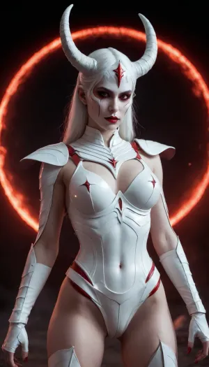 Succubus, Lilith, sin. Horns. long snake like body. In battlefield of fire hunting humans. Night time Full red Moon. demon white skin. evil., (dressed in white armour)