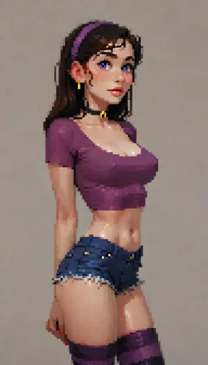 masterpiece, best quality, amazing quality, high res, plain white background studio lighting, 1girl, (violet_parr, incredibles), purple headband, choker, purple t shirt, crop top, cleavage, daisy dukes, striped stockings, hands behind her back, medium breasts, erect nipples, looking at viewer, (incase style), pixelart, incase, style, pixel, art, <lora:ratatatat74-000050:1.3>, <lora:outline_xl_kohaku_delta_spv5x:1.8>, <lora:287175_training_data:.6>, <lora:pixel_stormXL:.3>