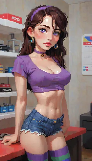 masterpiece, best quality, amazing quality, high res, department store, 1girl, (violet_parr, incredibles), purple headband, choker, purple t shirt, crop top, cleavage, daisy dukes, striped stockings, hands behind her back, medium breasts, erect nipples, looking at viewer, (incase style), pixelart, pixel, art, <lora:ratatatat74-000050:1.3>, <lora:outline_xl_kohaku_delta_spv5x:1.8>, <lora:cartoon_stickers_xl_v1:.6>, <lora:NEOTOKIOXL_0.2_RC:.4>, <lora:pixel_stormXL:.3>