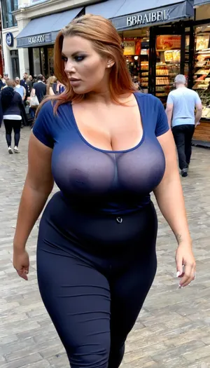 wide shot, high angle, 3/4 view, Ultra realistic, realistic skin details, soft smooth skin, 18 yo. swedish, very tan, eye liner, walking at an outdoor mall in hazy london, xxl sagging long full boobs, huge boobs, maximum cleavage, wearing a dark blue top, thin top, high waisted black pants on and buttoned, reddish-blonde hair, looking away, averted gaze, jewelry, pudgy tummy, ((fully dressed:1.2)), braless, Wearing, clothes, that, make, sense, with, Braless>, <lora:clothed_small:1.1>, <lora:bralessSDXL_v1_00022:.7>