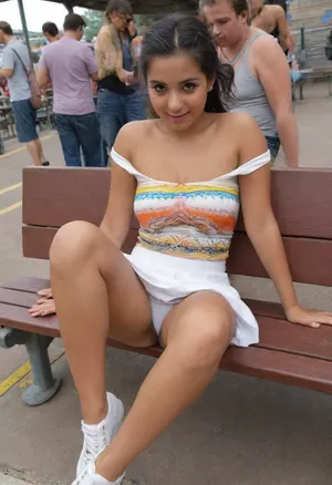 (35 year old woman:1.5), 35 year old Indian party slut in an extremely short white pleated micro skirt, in a train station, (brown skin, black hair:1.1), dressed up for a music festival, luggage, looking cute and dumb, cleavage, festival face paint, (sitting on bench, knees together:1.3), (strapless off-the-shoulder top:1.5), (candid photo:1.3), (iPhone photo:1.3), (sneak peek snapshot under skirt:1.2), (accidental upskirt:1.4), (hippie style), (tanned:1.1), (braless), (panties), (tomorrowland)