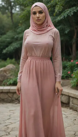 Woman, Hijab-, ((transparent)), long dresses, no panties, beautiful hourglass figure, big breasts, Realistic, 4K