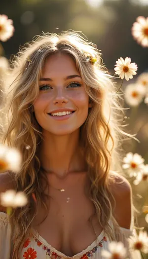 ziprealism, (hippy woman basking in wonderment, bright joyful smile, floating flower petals swirling in the breeze, warm glowing sunlight, beautiful sunny day, glowing silhouette:1.4), (f/2.8 shallow depth of field, creamy bokeh, tight headshot, extreme face closeup, layered composition with subtle foreground, focus on eyes:1.4), (sand-blonde hair, loose flowing hair, flowers in hair:1.4), (catchlights, sharp contrasting limbal rings, large expressive eyes, stunning eyes, perfect eyes, slightly downturned eyes), (full lips, soft lips, moist lips), (porcelain skin, natural skin texture), <lora:MJ52:1.4>, but, <lora:BUT_SDXL_SHS:.2>