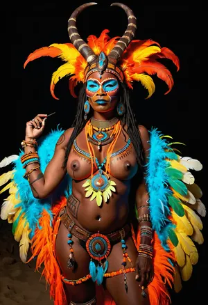 Africa, Sahara, night, campfire, ((full-length)), mature African shaman, black aboriginal woman, African black woman, ((elaborate costume with feathers)), huge saggy tits, ((horns, mask, headdress of feathers, horns and bones, tribal jewelry, necklace, claw necklace)), (hipbelt of skins), (staff in hand:1), ceremonial attire, ((bright glowing neon coloring on face, chest and stomach)), glowing leg tattoos, ritual symbols, (barefoot), bare chest, boho style, exotic, concept art, fantasy art, artstation, detailed drawing, digital painting, elaborate details, realism., PENeonUV, blacklight, neon, <lora:PE_NeonUV Style:.9>