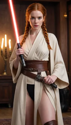 30 year old female Jedi, redhead, Irish ginger, Star Wars setting, light brown robes that reveal pussy and breasts, full body, hairy pussy, lots of pubic hair, black belt around her waist, lightsaber hanging from belt, lightsaber is off, black plain calf high leather boots, hair in braids, visible pussy, freckles, cute face, revealing robes
