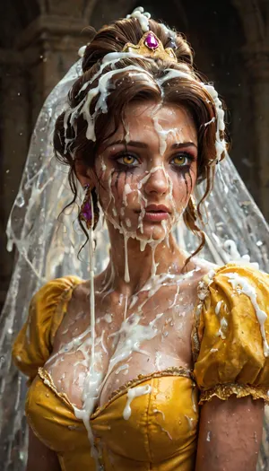 Disney Princess Belle, excessive cum on face, excessive cum in hair, yellow outfit, smeared makeup.