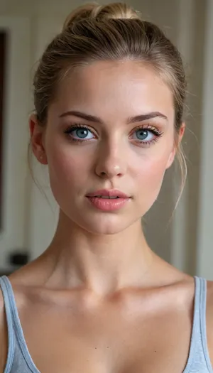 1girl, average height, brazilian, thin, slim, solo, blue eyes, perfect eyes, 25-year-oldwith fair skin, natural eyelashes, no eyeshadow. Medium, slightly narrow nose, no piercings. Medium-sized lips with a well-defined contour. Long, straight hair, tied back in a bun. Light blonde with subtle dark highlights, medium-high shine, and medium volume. realistic, lick her lips by her tongue. Medium tits, big ass, hot.