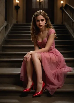 Young Hermione Granger after the Yule Ball, pink evening gown, sophisticated hairstyle, red stilettos, sitting on the step of the staircase crying, in Hogwarts