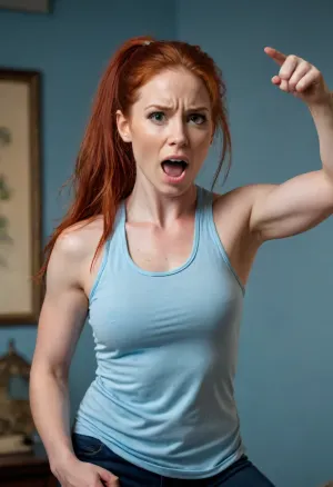 Rebecca, interior, long red hair in ponytail, light blue tank top, muscular, yelling, exaggerated features, dynamic pose, pointing finger, intense expression