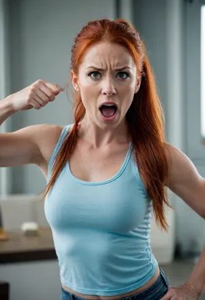 Rebecca, interior, (long red hair in ponytail), (light blue tank top), (muscular), yelling, (exaggerated features), dynamic pose, pointing finger, angry/upset expression
