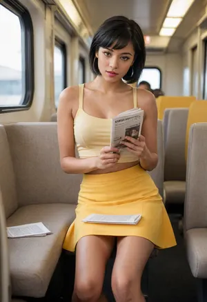 Sydnee, (train compartment interior), (short straight black hair to one side), (brown skin), light beige/tan seat, reading a newspaper, ((yellow crop top)), ((short yellow skirt)), long slender legs, (yellow heeled sandals), pink lipstick, gold hoop earrings