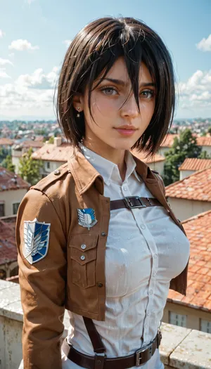 sexy Mikasa Ackerman, posing sexy on roof, in scout uniform, flirting with eyes, silicone breasts, athletic build, glittering, pleasure, <lora:mikasa ackerman:1.1>