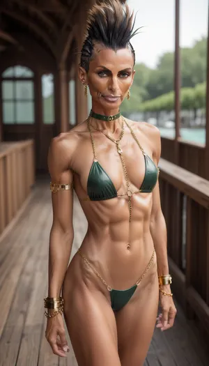 1girl on wooden yacht, naked mature milf woman, (69 years old:1), ((very dark tanned)), ((elegant mohawk hair)), dark blonde, big green eyes, long slim neck, (long narrow face with a defined jaw line and high cheek bones, prominent jawbone:1), athletic sinewy tall body, flat breasts, ((hip chain)), anklet, vascular, ((long legs:1)), hamptons, (large gold ankle cuffs), green luxury leather harness, uberfit, muscular, athletic, look, at, my, prompts, stephruhl, s0fie_m, bounty4483b, edgHarness, wearing, leather, harness, <lora:weight_slider_v2:-1>, <lora:age_slider_v20:2>, <lora:FDSkinDetails:.6>, <lora:epiCRealismHelper:.8>, <lora:edgHarnessExpressv1:1>