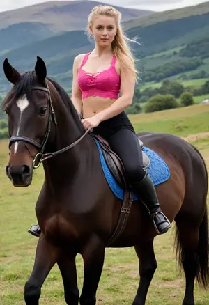 (masterpiece, best quality:1.2), 1 british 25yo woman, ((black jodhpurs)), (bright pink lace bra), outdoors, long blonde hair, hair combed back, double buns, blue eyes, she rides a pony on a summer bohemian low mountain ranges landscape, happy look, photorealism, r1d1ngb00ts, RiHorse, front_view, half_front_view, side_view, galloping, <lora:Equestrian_riding_boots_2_SDXXXL:.5>, <lora:RideHorse.0.9:.5>
