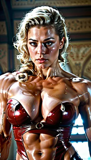 The image is illustrating tiefling woman, ((athletic muscular feminine body)), ((stoky muscular)), ((relief muscular abs)), ((relief muscular chest and shoulders)), ((relief muscular hips)), ((relief muscular wide thighs)), ((relief muscular calves)), ((firm artificial breasts)), posing for sports magazine, her body is shredded, her skin is deep red as a blood, her face is the same color as body, her hair are golden, her eyes' iris is fiery yet sclera is black, her face expression is orgasmic, she has two tall massive bent back horns growing out of skin through the hair, professional photography, hard artificial lighting, professional photoshoot, postprocessed, detailed skin, water drops all over the body, she posing tilted back and bent forward tensing her abs, she looks down, her palms squeezing breasts, she has pierced septum and nipples, alex, ross, painting, style, of, Alex, Ross, <lora:tbh234-sdxl:1.5>, <lora:Realistic_Woman-000005:.8>