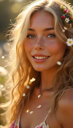 ziprealism, (hippy woman basking in wonderment, bright joyful smile, floating flower petals swirling in the breeze, warm glowing sunlight, beautiful sunny day, glowing silhouette:1.4), (f/2.8 shallow depth of field, creamy bokeh, tight headshot, extreme face closeup, layered composition with subtle foreground, focus on eyes:1.4), (sand-blonde hair, loose flowing hair, flowers in hair:1.4), (catchlights, sharp contrasting limbal rings, large expressive eyes, stunning eyes, perfect eyes, slightly downturned eyes), (full lips, soft lips, moist lips), (porcelain skin, natural skin texture), <lora:MJ52:1.6>, but, <lora:BUT_SDXL_SHS:.2>, igbaddie, <lora:igbaddie-XL:.84>
