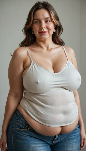 Gilf, 60 years old, (mature:1.3), photorealistic, best quality, 4k, ((masterpiece)), extremely detailed, 8k, trending on ArtStation, Intricate, High Detail, Sharp focus, obese, curvy, wrinkles, (beautiful face, perfect eyes:1.2), (milf:1.2), (obese:1.4), (thick:1.2), (thick thighs), (fupa:1.2), rating, safe, (medium saggy breasts:1.2), (wide_hips), big hips, collarbone, (white t-shirt, spaghetti strap, sleeveless, highwaist blue jeans), solo_focus, sensual, seductive, horny, blush, parted_lips, (brown hair with highlights, long hair, green eyes), big plump lips, lipstick, looking_at_viewer, standing, ((contrapposto)), <lora:add-detail-xl:.5>, <lora:detailed_notrigger:.5>