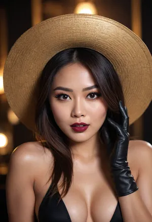 ecstatic beautiful asian bikini model with a dreamy expression, golden eyes, (bold eyeliner), (indirect lighting), 8k, mouth open, very dark lipstick, wide elegant black hat, long black sleeved gloves