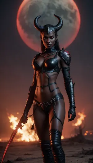 Succubus, Lilith, sin. Horns. long snake like body. In battlefield of fire hunting humans. Night time Full red Moon. demon black skin. evil., (dressed in black armour)