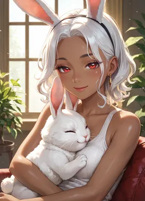 score_9, score_8_up, score_7_up, The image is an illustration of a young woman with long white hair and red eyes. She is wearing a white tank top and has a pair of bunny ears on her head. The woman is holding a white rabbit in her arms and is kissing it tenderly. The rabbit has its eyes closed and appears to be sleeping. The background is a room with a window and a plant. The overall mood of the image is peaceful and serene. dark_skin, rating, safe, white_hair, heart, animal_ears, 1girl, red_eyes, long_hair, parted_bangs, bunny_ears, hug, bare_shoulders, window, smile, half-closed_eyes, indoors, looking_at_viewer, one_eye_closed