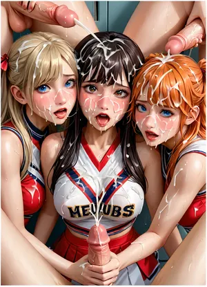masterpiece, best quality, highly detailed, (anime:1.2), BREAK, (standing futa masturbation pov view from above, pov hands on viewer's cock:1.1), (gangbang, 6 futas masturbating while standing around 3 girls, the futas' cumming cocks resting on the 3 girls heads:1.3), (close up on 3 girls hugging each other while getting facialized by thick cumshots:1.4), ((3 gorgeous 25 year old white cheerleaders, a blonde, brunette and an orange haired girl are sitting together on the floor in a locker room crowded with futa cheerleaders, girls are completely surrounded by futa cheerleaders, the 3 girls are hugging each other)), (really nervous and embarrassed, blushing, scared, cock awe), (Each girl has different colored hair and eyes, blonde girl has blue eyes while the brunette girl has green eyes and the orange haired girl has brown eyes:1.3), natural b cup tits, perfect nipples, slim, athletic, gymnast body, (red cheerleader skirt:1), (red cheerleader top pulled up revealing breasts, flashing breasts, boobs out:1.1), no panties, pussy, (bukkake, gangbang, multiple large erect cocks touching the 3 girls' faces and hair, futanari cheerleaders masturbating by stroking their cocks as the girls help them by giving the futas handjobs, ejaculation, futas' cocks ejaculate shooting multiple massive cumshots everywhere hitting girls' faces and hair, cum on face, cum in hair, cum covered clothes, excessive cum:1.4), handjob, (((drenched in excessive cum))), <lora:Animated_Concept:1>