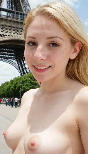 33 years old Mexican-american woman, naked, white and pale skin, slim nose, brown hair, small perky breasts, robust body, hot sunny day, natural blonde hair, embarrassed smile, round face, separated breasts, nude in public, Eiffel tower, freckles, brown eyes, molar on cheek, 3/4 body view, rhinoplasty, hyper realistic photo, full hd, 8K