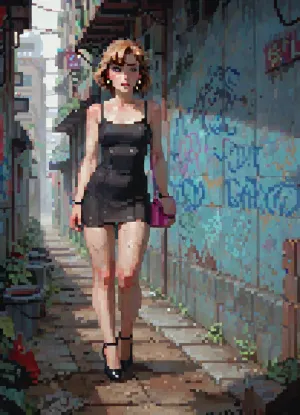 A young woman, aged 20, walks alone, (at night), along a dimly lit roadside in an industrial area in Italy. She wears tight clothes, short black dress and high heels. The scene is gritty, with abandoned factories, rusted metal, and graffiti-covered walls. Flickering streetlights cast cold blue and amber tones on the cracked road, reflecting in puddles as she walks with a confident, yet cautious stride. High detail, DSLR-style depth of field, cinematic realism. very small pink handbag., (incase style), pixel, art, pixelart, <lora:ratatatat74-000050:1.3>, <lora:outline_xl_kohaku_delta_spv5x:1.8>, <lora:cartoon_stickers_xl_v1:.6>, <lora:NEOTOKIOXL_0.2_RC:.4>, <lora:pixel_stormXL:.3>
