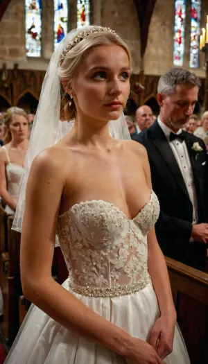 A petite young bride, blonde, wearing a weddingdress, (((flashing her small tits))), (topless), in crowded church, during wedding service.