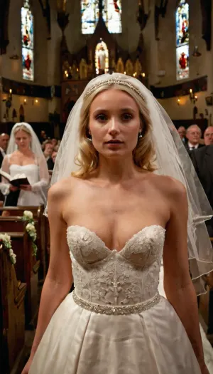 A petite young bride, blonde, wearing a weddingdress, (((flashing her small tits))), (topless), in crowded church, during wedding service.