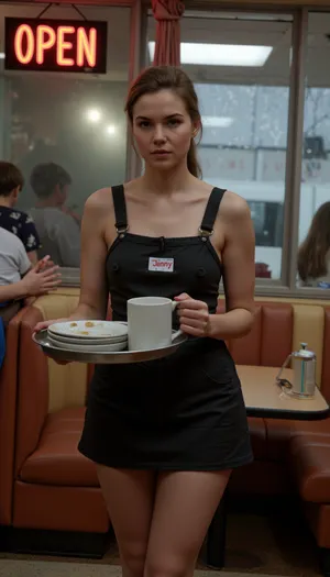 A weary waitress in her 20s working at a rundown diner during late-night shift. Wrinkled polyester uniform with grease stains, name tag reading 'Jenny'. Carrying overloaded tray with mismatched mugs and greasy plates. Behind her, cracked vinyl booths, flickering neon 'OPEN' sign, fogged window showing rainy street. Customer's hand gesturing impatiently. Details, order pad sticking from apron, pen behind ear, worn non-slip shoes. Style, gritty cinematic realism, shallow depth of field, Kodak Ultramax film grain. nude naked