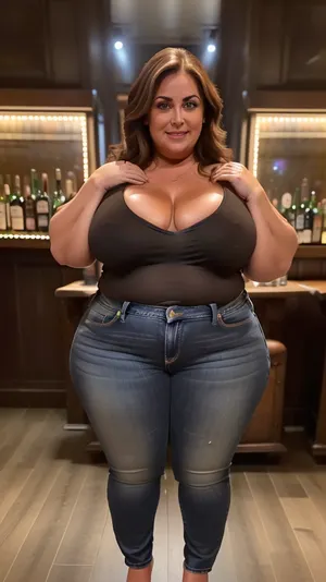 Photo of a pretty 50 year old mature woman with beautiful eyes, big butt, wide hips, huge thighs, very chubby, ((Nikon Z8)), realistic matte skin, skin texture visible, (sharp focus), (high quality), (face visible), ((Detailed Face and Eyes)), 8k high definition, ((Italian woman)), ((mid length brown hair)), ((stunningly beautiful woman)), ((sexy woman)), ((black loose thin low-cut v-neck t-shirt, jeans)), ((smiling)), ((leaning forward)), ((cleavage)), ((pokies)), ((pub background)), (((perfect lighting))), ((front view)), (((looking at viewer))), (((chubby face))), (((round face:1.2))), (RAW photo:1.2), (photorealistic:1.4), (masterpiece:1.4), (best quality:1.4), ultra high res, ((detailed facial features)), HDR, 8k resolution, depth of field, intricate details body, long range focus, long distance view, ((full body in frame:1.8)), ((full body view:1.8)), 8k professional modelshoot style high definition, full body visible, detailed face, round face, (whole body in frame), a realistically designed face, nipslip, wide, hips, big hips, saddlebags, pear shaped body, <lora:st-fs_v1.1:1.5>, <lora:RealDownblouse4:.5>, <lora:hips-10:.5>