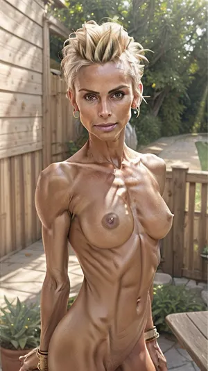 60 years old naked milf, skinny body, sinewy body, blonde mohawk updo hair, extreme realism, casual iPhone picture, natural light, outdoor patio background, casual entire body pose, very dark tanned skin, (very small pointy breasts), athletic, StokeRealV1, <lora:SDXLrender_v2.0:1>, <lora:StokeRealV1:1>, Tyndall, effect, light, rays, <lora:Tyndall effect_Light v1.1:.8>
