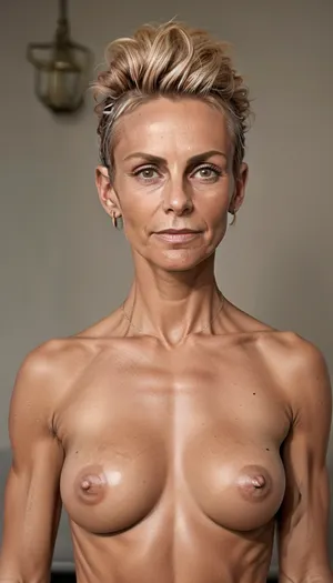 60 years old naked milf, skinny body, sinewy body, blonde mohawk updo hair, extreme realism, casual iPhone picture, natural light, outdoor patio background, casual entire body pose, very dark tanned skin, (very small pointy breasts), athletic, StokeRealV1, <lora:SDXLrender_v2.0:1>, <lora:StokeRealV1:1>, Tyndall, effect, light, rays, <lora:Tyndall effect_Light v1.1:.8>