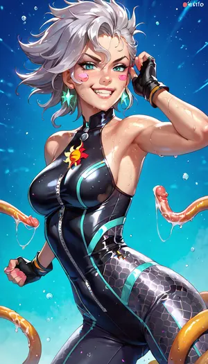 an image of Mikoto Saito in a vibrant anime sticker style. She has striking short, spiky silver hair with a hint of blue, and expressive violet eyes that shimmer with determination, view from behind. Mikoto naked, her cyborg body adorned with intricate silver patterns, and fingerless gloves. She Dancing with the Galaxy. Rough sex with tentacles. Dynamic pose, mid-action, with a confident smirk on her face, showcasing her playful yet fierce personality. The background features a Calaxy and deep space.. Use clean lines and bright colors typical of anime sticker art, with a slight glossy finish to give it a lively, energetic feel.
