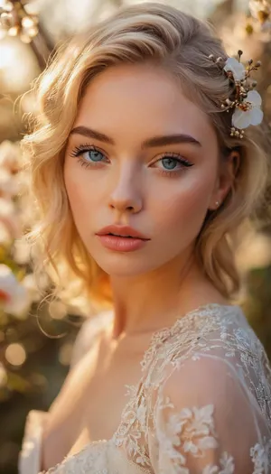 ziprealism, (avant-garde fashion esthetic, professional portrait), (f/2.8, f2.8, f28, (shallow depth of field), , , soft bokeh, face closeup, tight closeup, shot in profile, focus on eyes:1.4), (ash-blonde hair with dark roots, short hair, swept-back hairstyle, flowers in hair), (catchlights, limbal rings, large expressive eyes, stunning blue eyes, long delicate eyelashes, perfect eyes), (full lips, soft lips, soft facial features), (white waterline eyeliner, doe-eye makeup), (adoration, loving gaze, in love), (flawless porcelain skin), igbaddie, <lora:MJ52:.8>, <lora:igbaddie-XL:.4>