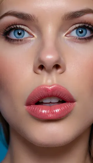 Huge juicy silicone female lips, high gloss lipstick, doe eyes, extremely closeup, Extremely detailed, blue eyes, licking, extremely beautiful woman