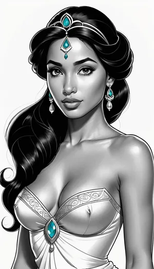 A black and white line art illustration depicts a Disney princess Jasmine with exposed small breasts against a plain white background. The drawing features thick, clean outlines and simple shapes in a manga-inspired style. The princess's facial features are delicate and soft, rendered with detailed pencil linework and gentle shading techniques. The artwork appears on a white paper surface with precise, monochromatic greyscale tones throughout the composition. Traditional pencil sketch with clean linework and minimalist monochrome shading., <lora:195794_training_data:.5>