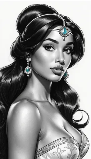 A black and white line art illustration depicts a Disney princess Jasmine with exposed small breasts against a plain white background. The drawing features thick, clean outlines and simple shapes in a manga-inspired style. The princess's facial features are delicate and soft, rendered with detailed pencil linework and gentle shading techniques. The artwork appears on a white paper surface with precise, monochromatic greyscale tones throughout the composition. Traditional pencil sketch with clean linework and minimalist monochrome shading., <lora:195794_training_data:.5>