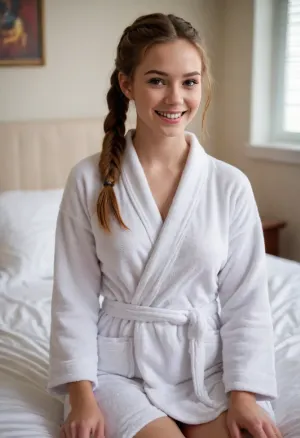 (masterpiece, best quality, high resolution, photorealistic, cinematic lighting), 1 young woman, sitting on the edge of her bed, (American), extremely beautiful, the most popular girl in school, excited smiling face, (auburn hair), long hair, (braided pigtails), skinny, short waist, (very petite), (wearing a white terrycloth bathrobe), in a college dorm bedroom, portrait from the waist up