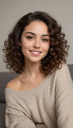 A young woman, about 28 years, with long, naturally curly dark brown hair, parted slightly to the side. She has an oval face, warm skin tone, high cheekbones, and big almond-shaped brown eyes. Her eyebrows are dark, naturally thick and gently arched. She wears a soft, subtle smile and has a friendly, relaxed expression. She is wearing an oversized beige sweater one side over the shoulder, sitting comfortably on a soft grey couch, with a light-textured wall in the background. The photo is taken selfie-style from a slightly high angle, with her head gently tilted. The lighting is soft and natural, creating a warm and cozy atmosphere. No makeup or minimal makeup. Casual, natural, cozy vibe.
Optional additions, •	--v 5, (for Midjourney version 5+), •	photorealistic, natural light, cozy, portrait style, head-and-shoulders
