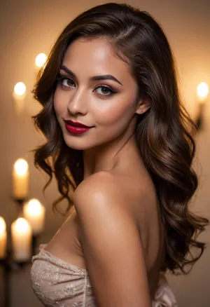 20 year old brown haired woman side eyeing camera, looking over her shoulder, deeply tanned brown skin, smiling, happy, seductive, back to camera, full dark red lips, prominent cupids bow lips, shiny lipgloss, hair loose, (eyeliner, winged eyeliner, dark eyeshadow), makeup, nude, (candlelight)