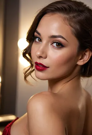 20 year old brown haired woman side eyeing camera, looking over her shoulder, deeply tanned brown skin, smiling, happy, seductive, back to camera, full dark red lips, prominent cupids bow lips, shiny lipgloss, hair loose, (eyeliner, winged eyeliner, dark eyeshadow), makeup, nude, (candlelight)
