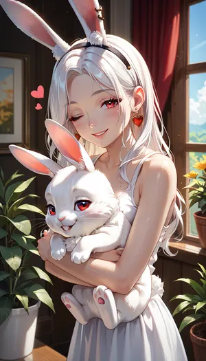 score_9, score_8_up, score_7_up, The image is an illustration of a young woman with long white hair and red eyes. She is wearing a white tank top and has a pair of bunny ears on her head. The woman is holding a white rabbit in her arms and is kissing it tenderly. The rabbit has its eyes closed and appears to be sleeping. The background is a room with a window and a plant. The overall mood of the image is peaceful and serene, rating, safe, white_hair, heart, animal_ears, 1girl, red_eyes, long_hair, parted_bangs, bunny_ears, hug, bare_shoulders, window, smile, half-closed_eyes, indoors, looking_at_viewer, one_eye_closed