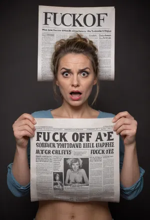 COPYRIGHT, A coquettish adult woman holding up a newspaper with a Text "Fuck Off!" angry face drawn on it. She is holding the newspaper in front of her face with both hands and is covering her face with her hands. Elaborate hairstyle, string tanga, movements, hips. soft textures, serious expression on her face. The background is dark and out of focus. /////Concept/Story/Prompt/Creator/Copyright/by//EastBeast//of/©KITTY-ART/

























/Concept/Story/Prompt/Creator/Copyright/by//EastBeast//of/©KITTY-ART/