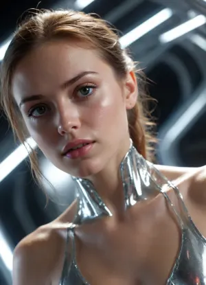 Cinematic close-up, liquid metal young woman transforming dynamically, morphing from a flexible, stretching gel into a solid transparent crystal, hyper-realistic lighting, glowing electric pulses inside the material, stunning macro details, futuristic sci-fi feel, volumetric shadows, ultra-HD CGI, photorealistic reflections, high-end cinematic quality., [Truck left, Pan right, Tracking shot]